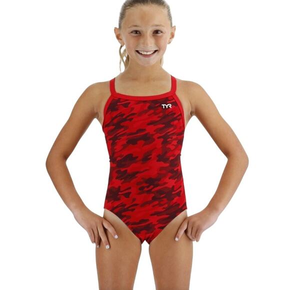 TYR Girls Durafast Elite Diamondfit Swimsuit Red Camo Size 22 One Piece Tyreco - Picture 1 of 6